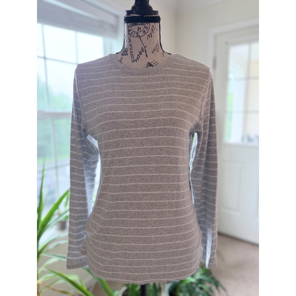 Eddie Bauer Womens GrayWhite Striped LongSleeve Crewneck Top Size M Cotton Modal